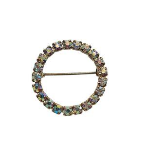 Vintage Round Aurora Borealis Rhinestone Circle Brooch Pin